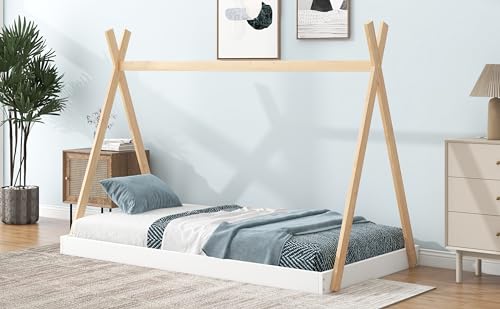 VeroFree Twin Size Tent Floor Bed with Triangle Structure White Natural Wood, Stylish Cozy Kids Bedroom for Boys Girls (White + Natural)