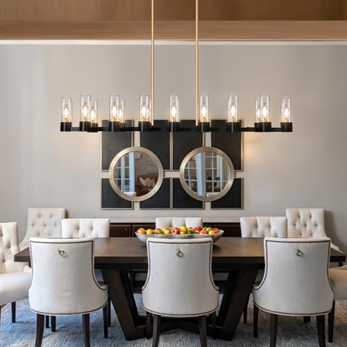 Linear Chandelier, 49" Large Black and Gold Modern Chandelier with Tube Glass 16 Lights Long Candle Chandelier Industrial Rectangular Linear Chandeliers for Dining Room Light Fixture Kitchen Island by Kwpcvz - Used condition - Image 7
