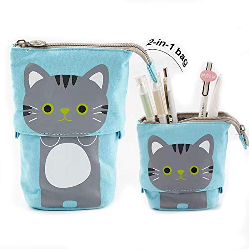 Preisvergleich Produktbild TheStriven Katze Stand Federmäppchen Stehen Bleistifthalter Grosse Kapazität Federtasche Leinwand Reißverschluss Stifthalter Schlampermäppchen Make-up Tasche für Schule Büro Damen Mädchen (Blau)