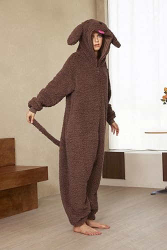 Loiahoer Unisex Erwachsene Pudel Hund Onesie Kostüm Pyjama Dog Halloween Karneval Kostüm,Neuheit Sherpa Welpe Schlafanzug Pyjamas Damen & Herren,Braun,L