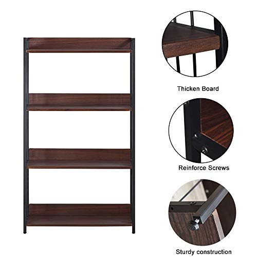 Bookshelf 4 Tier Industrial Bookcase Rustic Storage Standing Rack Shelf Organizer with Wall Lock, Wood Look with Metal Frame Vintage Shelves Morden Book Shelves for Home Office (Walnut)