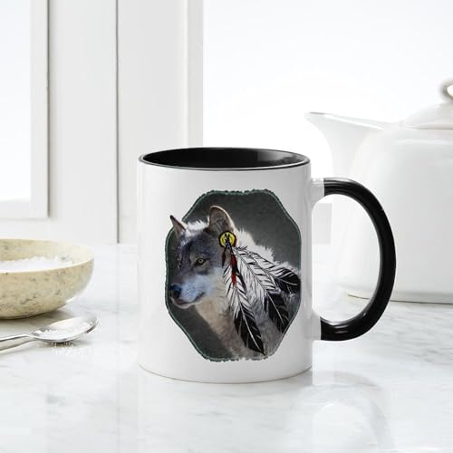 Taza de cerámica 11 oz con diseño lobo y plumas miniatura 4