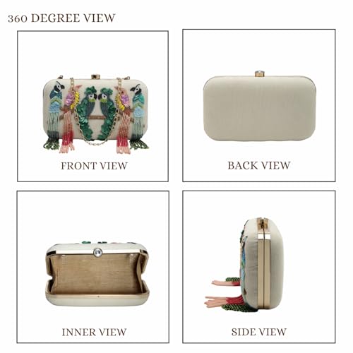 Image of Anekaant Adorn Off White & Multi Embellished Corduroy Clutch | Perfect for Bridal, Festive | Party Purse for Women & Girls