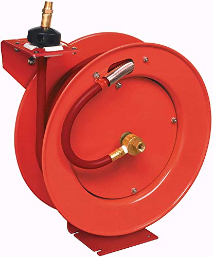 Lincoln 83753 Value Series Air/Water Retractable Hose Reel with 50' x 3/8" Rubber Air Hose, 1/4" NPT, 300 PSI, Slotted Mounting Base, 5-Position Adjustable Outlet Arm, All-Steel Construction, Red