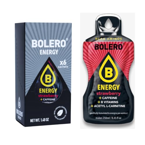 Bolero Energy 6 Bustine Monodose da 7 gr. Strawberry Fragola, Bevanda Energetica Istantanea Pre Workout, Drink Energy