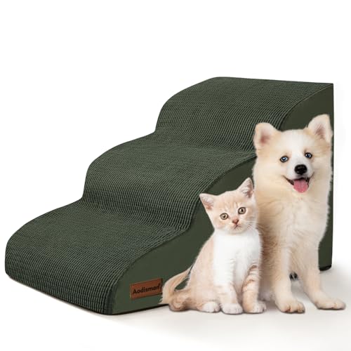 Image of Aodisman Dog Stairs for Small Dogs and Cats,3-Step Pet Ramp for Couch,Chair | 15.7 inch H Non-Slip Sturdy Dog Steps with Curved Ramp for Senior,Short-Legged Dogs,Puppy and Cats to Reach Sofa or Chair,Green