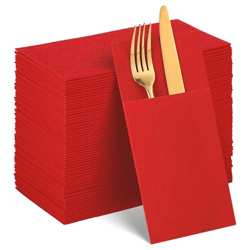 60 Pcs Red Linen-Feel Paper Napkins with Built-in Flatware Pocket Pocket Linen Napkin Prefolded Cloth Like Paper Napkin Bulk for Anniversay Silverware Birthday Bathroom Wedding Party