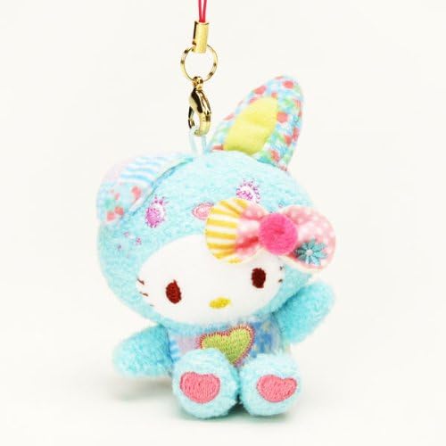 Sanrio Hello Kitty x Colorful Bunny Patchwork Plush Doll Cell Phone Charm (Blue)
