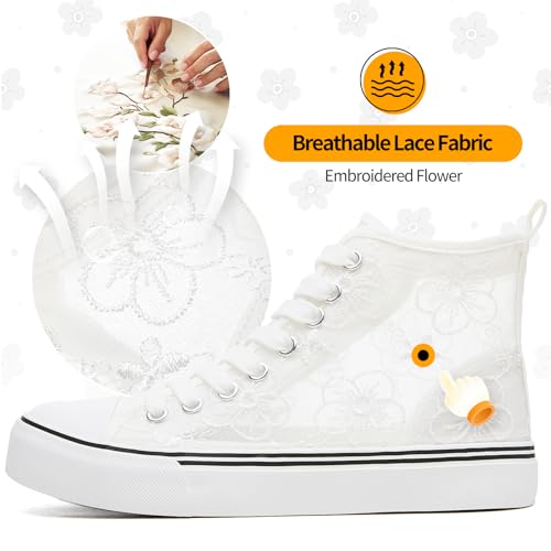 ZGR Womens High Top Sneakers with Embroidery Flower,Casual Breathable Mesh Lace Canvas Shoes,White Summer Tennis Shoes for Women2