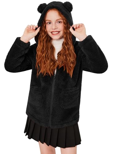 Arshiner Mädchen Fleecepullover mit Kapuze Reißverschluss Kinder Fleecejacke Herbst Winter kindermäntel Warm Outdoor Jacke Schwarz 140/9-10 Jahre