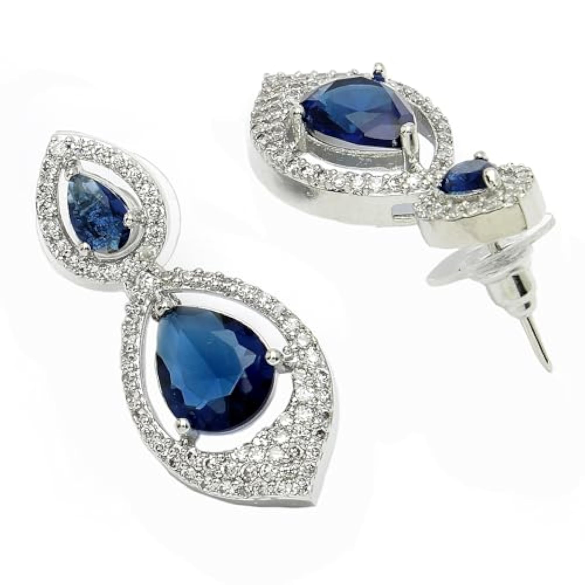 Rhodium-Plated Silver-Toned American Diamond Drop Earrings