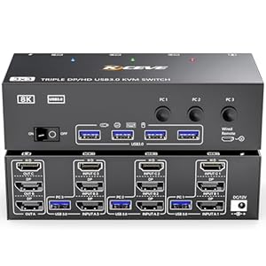 KVM Switch 3 Monitors 3 Computers 8K@60Hz, MLEEDA HDMI + 2* Displayport Triple Monitor KVM Switch,3 Monitor KVM with 4 USB 3.0 Ports for Keyboard Mouse Printer, Wired Remote and Power Adapter Included