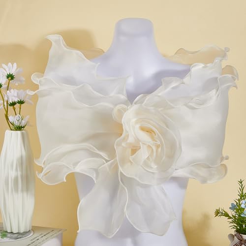 Beige Chiffon Ruffle Shawl Wrap Vintage Soft Sheer Silk Fabric Cape Pleated Floral Trimming Wave Edging Detachable Collar for Women Party Birthday Dresses Clothes Decoration Wedding Bridal3