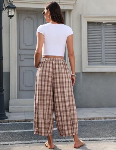 Image of TARSE Women's Plaid Cotton Linen Wide Leg Pants with Pockets