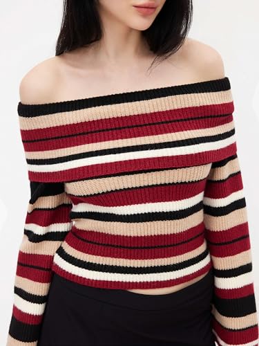 Image of CIDER Off The Shoulder Tops for Women Long Sleeve Going Out Y2K Tops Knit Pullover Fall Outfits Trendy