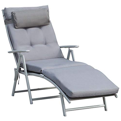 Outsunny Bain de Soleil Pliable transat inclinable 7 Positions Chaise Longue Grand Confort avec Matelas + accoudoirs métal époxy textilène Polyester Gris