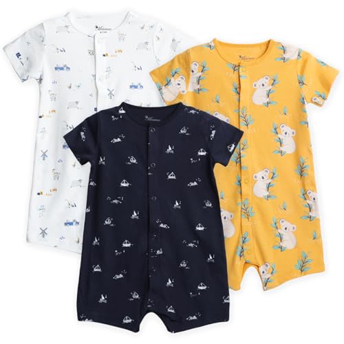 3-Pack 100% Cotton Baby Boy Rompers,0-24Months Short Sleeve Toddler Romper,Breathable Spring/Summer Clothes