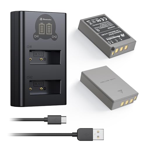 Powerextra Batería de Repuesto con Cargador para Olympus BLS-5 BLS-50 con cargador de pantalla LCD para Olympus BLS-5 Olympus OM-D E-M10 Stylus 1 1s Pen E-PL2 E-PL3 E-PL5 E-PL6 E- PL7 E-PL8 E-PL9 E-P3