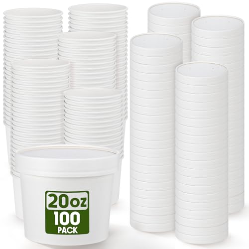 Image of Fulmoon 20 oz 100 Pack Paper Containers with Lids Soup Bowl Cup, White | Disposable Ice Cream Cup, Kraft Food Containers with Vented Lid Stackable for Hot Soup Dessert Cake Fruit Microwave Takeout