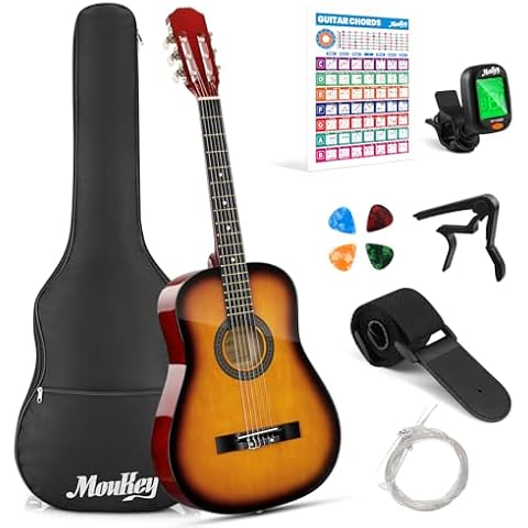 Moukey 38" Acoustic Guitar for Beginners Kids Youth Adult Dreadnought Guitarra Acustica Kit with Chord Poster, Gig Bag, Tuner, Picks, Nylon Strings, Capo, Strap - Sunburst Cover