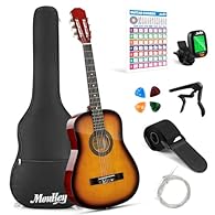 Ideal for Beginner: Moukey 38” acoustic guitar equips with soft nylon strings that are easier to hold down, and it will not cause pain in fingers and reduce damage on the guitar bridge.Especially, the delicate chord poster help entry-level beginners ...