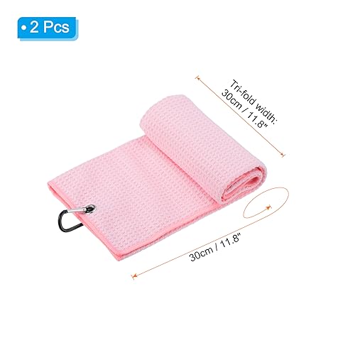 PATIKIL 12"x12" Tri-Fold Golf Towels, 2 Pack Waffle Pattern Towels Soft Fiber Strong Water Absorption with D Clip for Golf Lovers Pink - Image 2