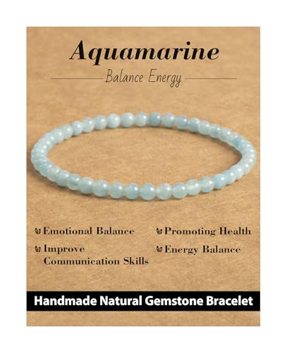 Landorilo Natural Stone Beaded Bracelets for Men Women Healing Crystal Energy Protection Bracelet with Gift Card Christmas Birthday Valentines Jewelry Gifts 4mm Aquamarine