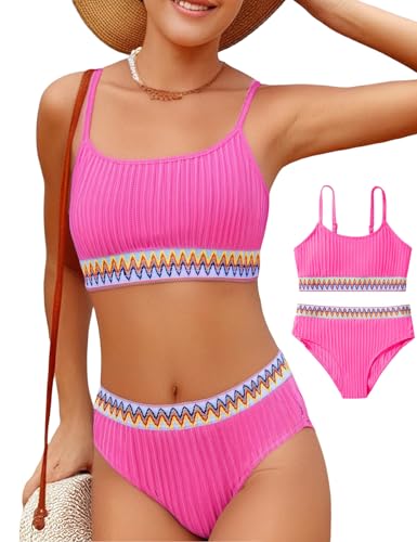 Image of Girls Swimsuit Two Piece Teen Bathing Suit High Waist Textured Bikini Set Woven Girls Swimwear 9-16Y