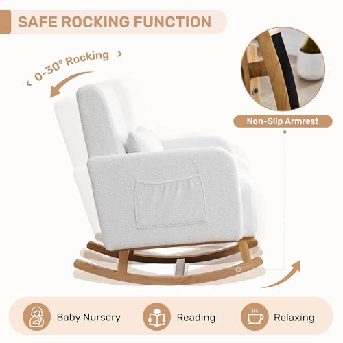 Image of HCHAIRH Rocking Chair with Ottoman, Upholstered Glider Rocker with High Backrest and Side Pocket, Comfy Reading Chair with Solid Wood Legs for Nursery, Living Room,Bedroom White
