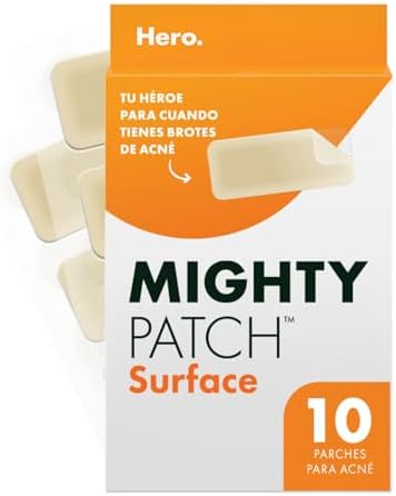 Hero Parches para Acné Mighty Patch Surface, Caja con 10 piezas. Tamaño XL para Brotes de Acné en Áreas Más Grandes. Absorbe las Impurezas, No Contiene Medicamento y Probados Dermatológicamente