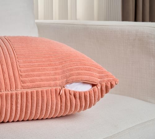 Image of Fancy Homi 2 Packs Coral Samll Decorative Throw Pillow Covers 14x14 Inch with for Couch Bed Sofa, Rustic Farmhouse Boho Home Decor, Soft Corss Patchwork Corduroy Square Peach Cushion Case 35x35 cm