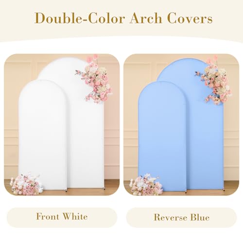 Image of Blue and White Arch Cover Set of 2 Spandex 7.2 and 6ft Arch Backdrop Cover Wedding Arch Stand Covers for Baby Shower Boy Birthday Party Bridal Shower Banquet Photo Background Decorations