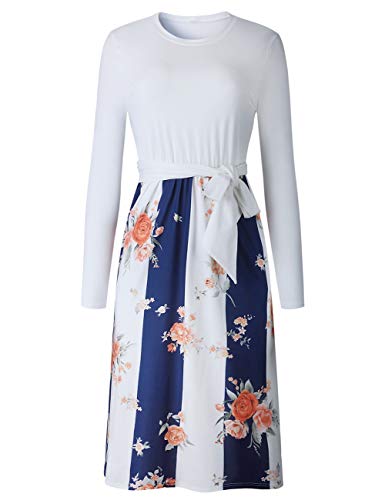 Women's Long Sleeve Floral Patchwork Crew Neck Casual Tie Dresses with Pockets, Blue, Size XL
