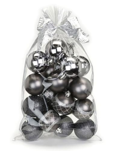 Weihnachtskugeln Plastik grau Mix 6cm 20 Stück im Geschenkbeutel mit Schleife