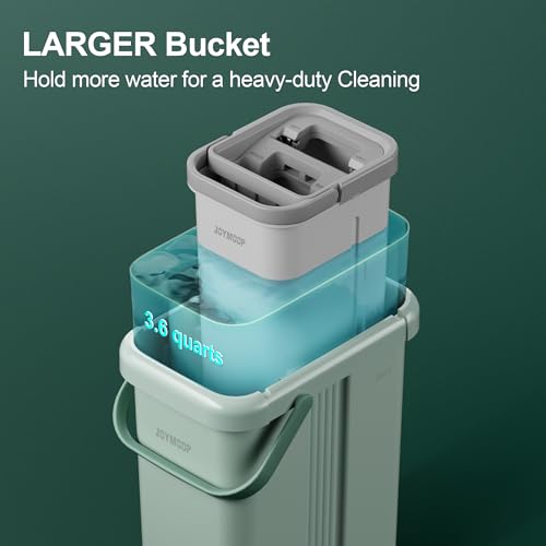 JOYMOOP Mop and Bucket with Wringer Set, Flat Squeeze Mop with Bucket (X-Large), Dust Mop for Wall Cleaner with Long Handle, Microfiber Mop - Green Bucket with 3 Reusable 15" Pads