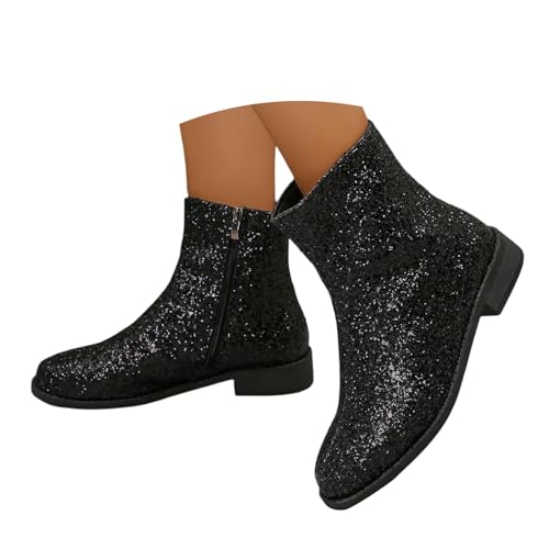 Generisch Women's Glitter Ankle Boots Comfortable Round Toe Short Ankle Boots Fashion Chunky Heels Ankle Boots Sequins Shoes with Side Zip Women's Boots Transition Boots, black, 5 UK