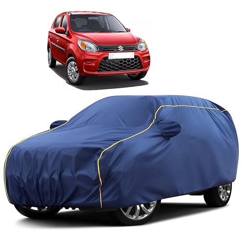 Image of Sulfar 100% Water Resistant Car Body Cover Compatible with Mirror for Maruti Suzuki Alto 800 (Triple Stitched, Full Bottom Elastic, Blue Taffeta with Yellow Piping)