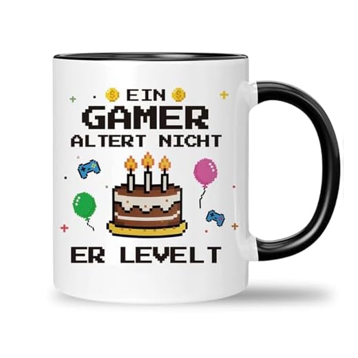 Gaming Tasse, Ein Gamer Altert Nicht Er Levelt, Gamer Geschenk für Computerspieler, Lustige Kaffeetasse Geburtstagsgeschenk für Jungen und Mädchen