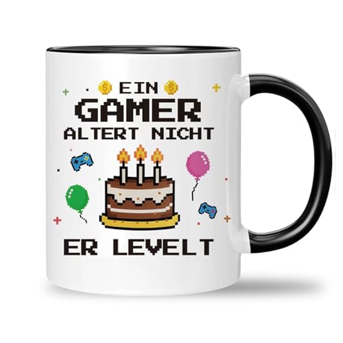 Gaming Tasse, Ein Gamer Altert Nicht Er Levelt, Gamer Geschenk für Computerspieler, Lustige Kaffeetasse Geburtstagsgeschenk für Jungen und Mädchen