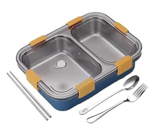 Image of Brand Conquer Lunch Box Leak-Proof BPA Free Stainless Steel for School, Lunch Box for School & Office with a Fork, a Spoon and a Pair of Chopsticks (Blue, 2 Compartment)