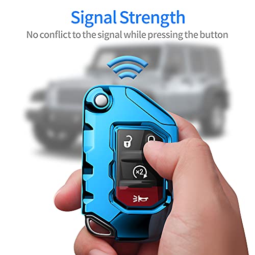 Image of Compatible with Jeep Key Fob Cover With Leather Keychain Soft TPU Protection Key Case for 2018-2026 Wrangler JL JLU Rubicon Wagoneer Gladiator JT Sahara JLU Remote Key (Aurora Blue)