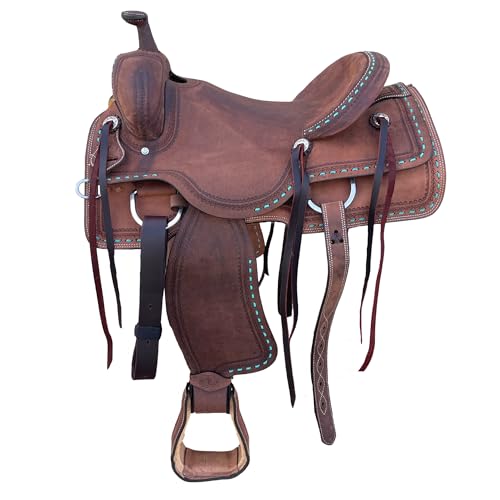 RESISTANCE Western Ranch Cutting Saddle for Horse – Full-Grain Oiled Leather, Hand-Tooled with Deep Seat & Stirrups (Adult Sizes 14"-18")