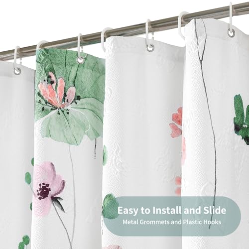 Image of QiyI Watercolor Floral Shower Curtain, 3D Embossed Butterflies Sage Green Botanical Bathroom Curtain, Pink Flowers Cloth Bath Curtain, Waterproof Fabric Textured Shower Curtain Set with Hooks, 72x72