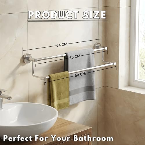 Image of GLOXY Premium Stainless Steel 24 Inch Towel Rod for Bathroom Combo Pack of 2 - Chrome Finished Wall Mount Bathroom Rod for Clothes - Bathroom Towel Rod for Bathroom Fittings Accessories Set