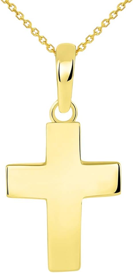 Solid 14k Yellow Gold Plain Mini Cross Charm Pendant Necklace