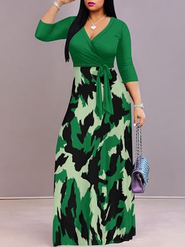 Image of PinkPatty Plus Size Dresses for Curvy Women V Neck Flowy Long Sleeves Wrap Maxi Dress Travel Vacation Outfits