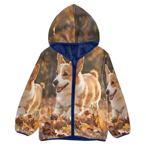 Happy Dog Running Among Leaves Toddler Fleece Jacket Girl Boys Hooded Fleece Jacket Coat Warm Outwear Zip-up 3-10T