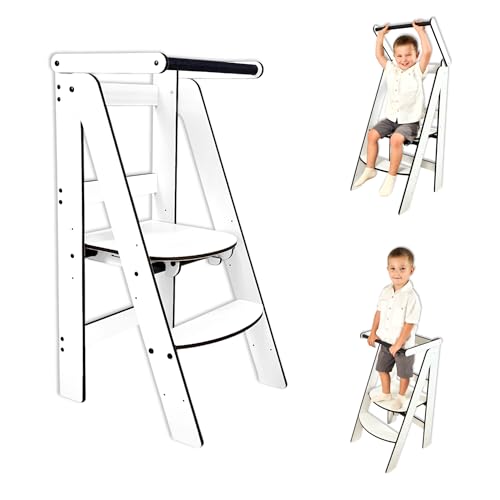 Torre de Aprendizaje Montessori Blanca Compacta, Torre de Aprendizaje Evolutiva Niños, Escalera 2 Peldaños, Escalón Infantil, Taburete Infantil, Personalizable con Nombre, Hecho a Mano
