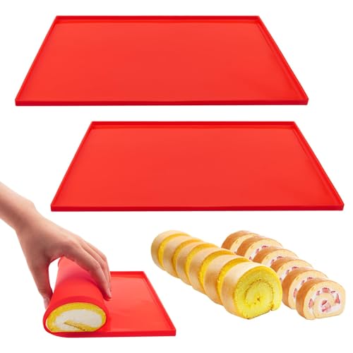 Hawdows 2 Stück Silikon Backmatte Antihaftbeschichtet Biskuitrollenmatte Silikonbackmatte Swiss Roll Backblech Biskuitrolle Backform für Kochen Backen Keksen(30,5 x 25,8 x 1 cm) (Rot)