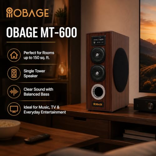 Image of OBAGE MT-600 Single Tower Speaker | 80W Output, 6.5 inch Woofer, Bluetooth, FM & AUX, Clear Sound with Balanced Bass, For Music, TV & Everyday Entertainment